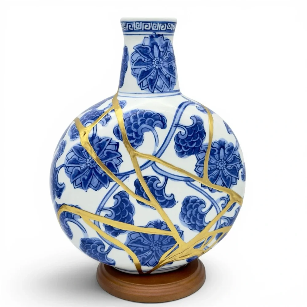 Kintsugi Vase Chinese Porcelain Moon Flask Gold Crack Art Personal Growth Gift - Picture 8 of 14